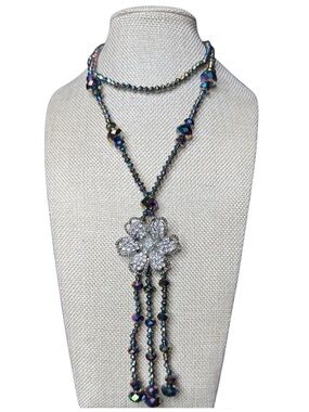 Iridescent Beaded Lariat Necklace with Crystal Flower Tassel - Women Jewelry
